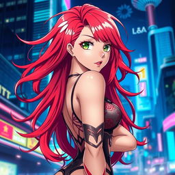 A sexy anime woman with flowing red hair, striking a confident and alluring pose