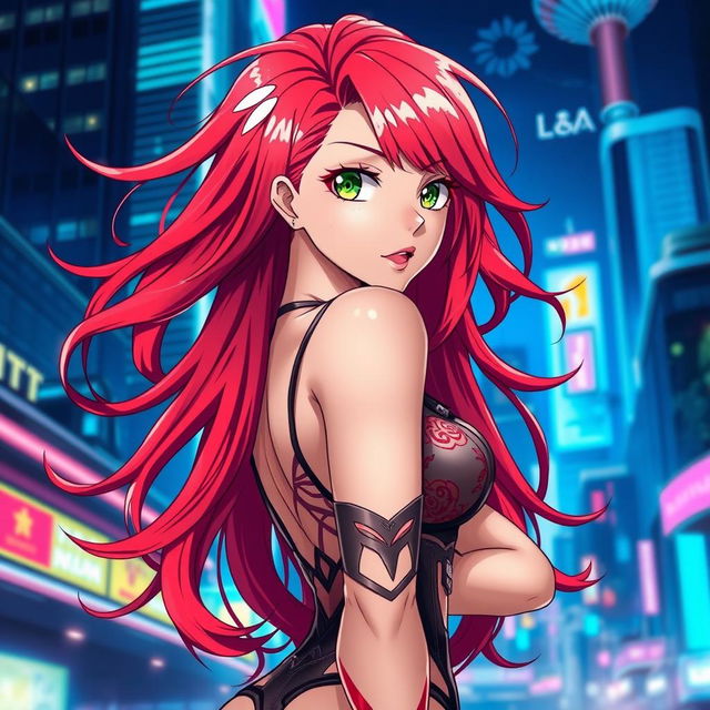 A sexy anime woman with flowing red hair, striking a confident and alluring pose