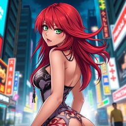 A sexy anime woman with flowing red hair, striking a confident and alluring pose