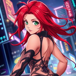 A sexy anime woman with flowing red hair, striking a confident and alluring pose