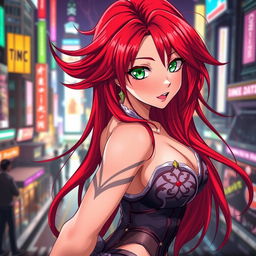 A sexy anime woman with flowing red hair, striking a confident and alluring pose