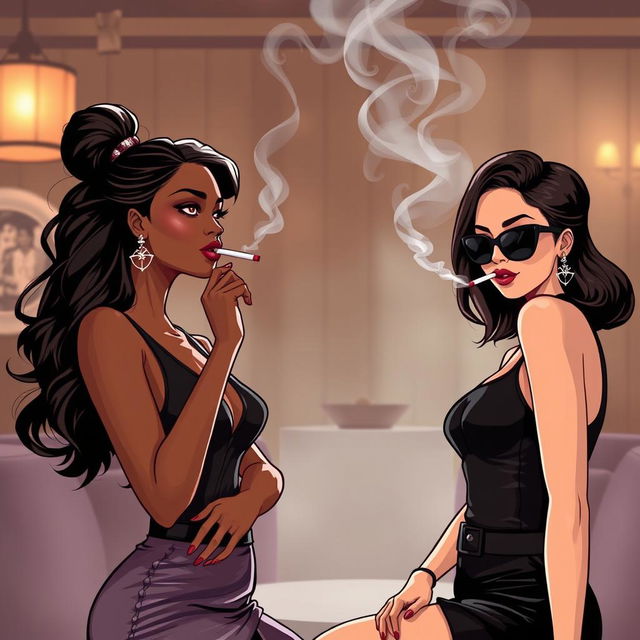 A stylized illustration featuring two women inspired by Rihanna and Jessica Alba, each elegantly smoking a cigarette