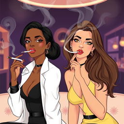 A stylized illustration featuring two women inspired by Rihanna and Jessica Alba, each elegantly smoking a cigarette