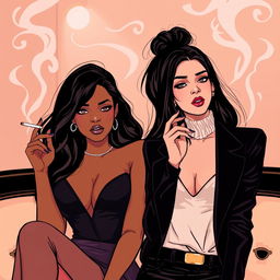 A stylized illustration featuring two women inspired by Rihanna and Jessica Alba, each elegantly smoking a cigarette