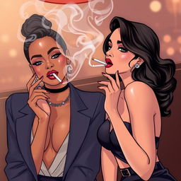 A stylized illustration featuring two women inspired by Rihanna and Jessica Alba, each elegantly smoking a cigarette