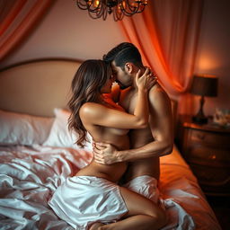 A sensual and intimate scene featuring a couple engaged in a passionate embrace, with warm lighting creating a soft glow around their bodies