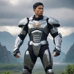 A Philippine modern epic hero standing proud and strong, wearing futuristic armor. The background shows elements of the Philippine landscape and culture.