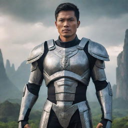 A Philippine modern epic hero standing proud and strong, wearing futuristic armor. The background shows elements of the Philippine landscape and culture.