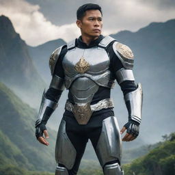 A Philippine modern epic hero standing proud and strong, wearing futuristic armor. The background shows elements of the Philippine landscape and culture.