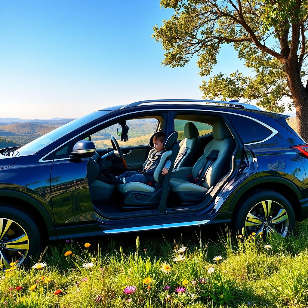 A cozy family car parked in a picturesque countryside setting