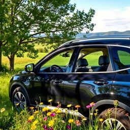 A cozy family car parked in a picturesque countryside setting