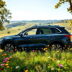 A cozy family car parked in a picturesque countryside setting