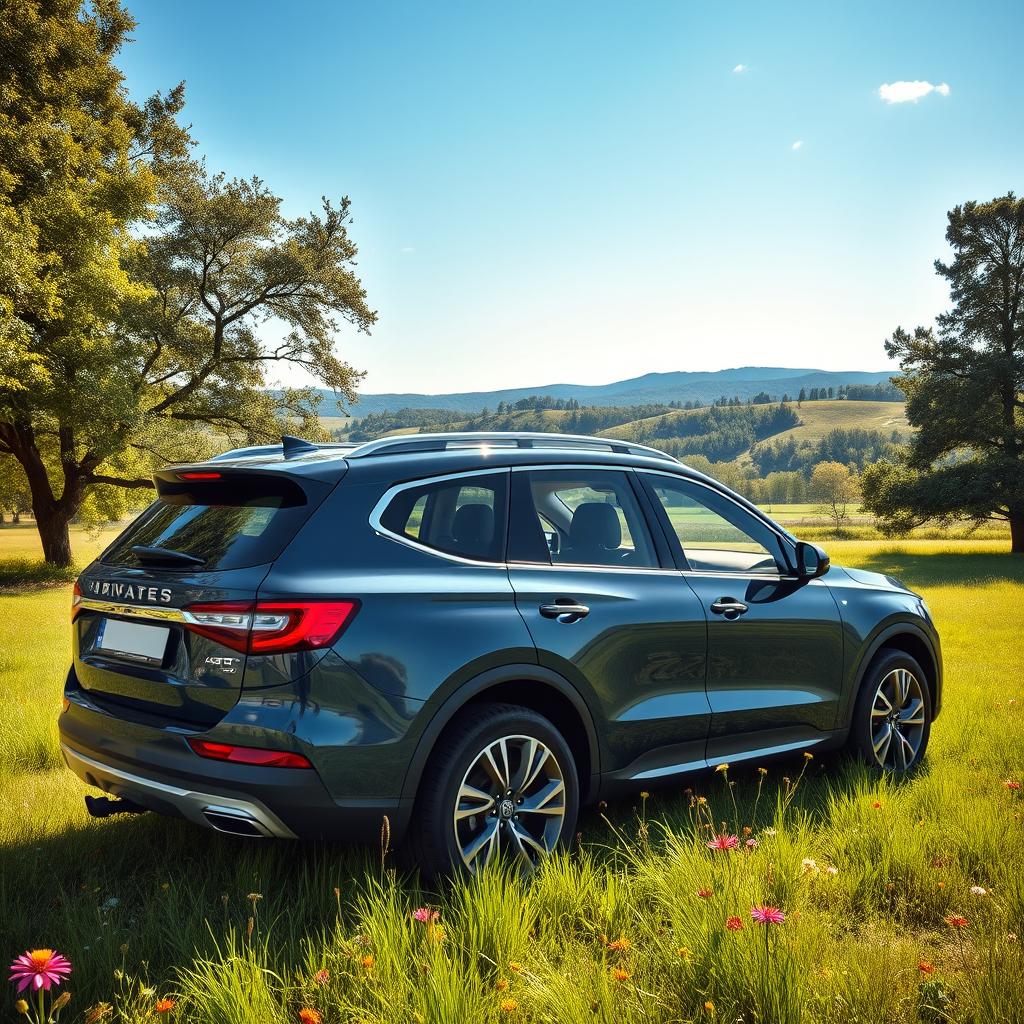 A cozy family car parked in a picturesque countryside setting