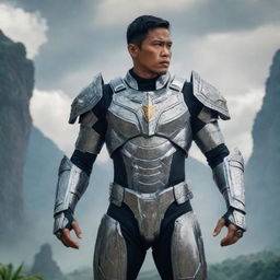 A Philippine modern epic hero standing proud and strong, wearing futuristic armor. The background shows elements of the Philippine landscape and culture.