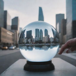 An individual gazing into a crystal ball that reflects a futuristic cityscape.