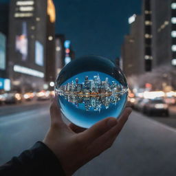 An individual gazing into a crystal ball that reflects a futuristic cityscape.