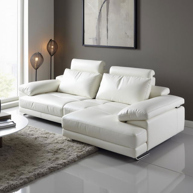 A modern white sofa positioned at 45 degrees, showcasing its sleek and minimalist design