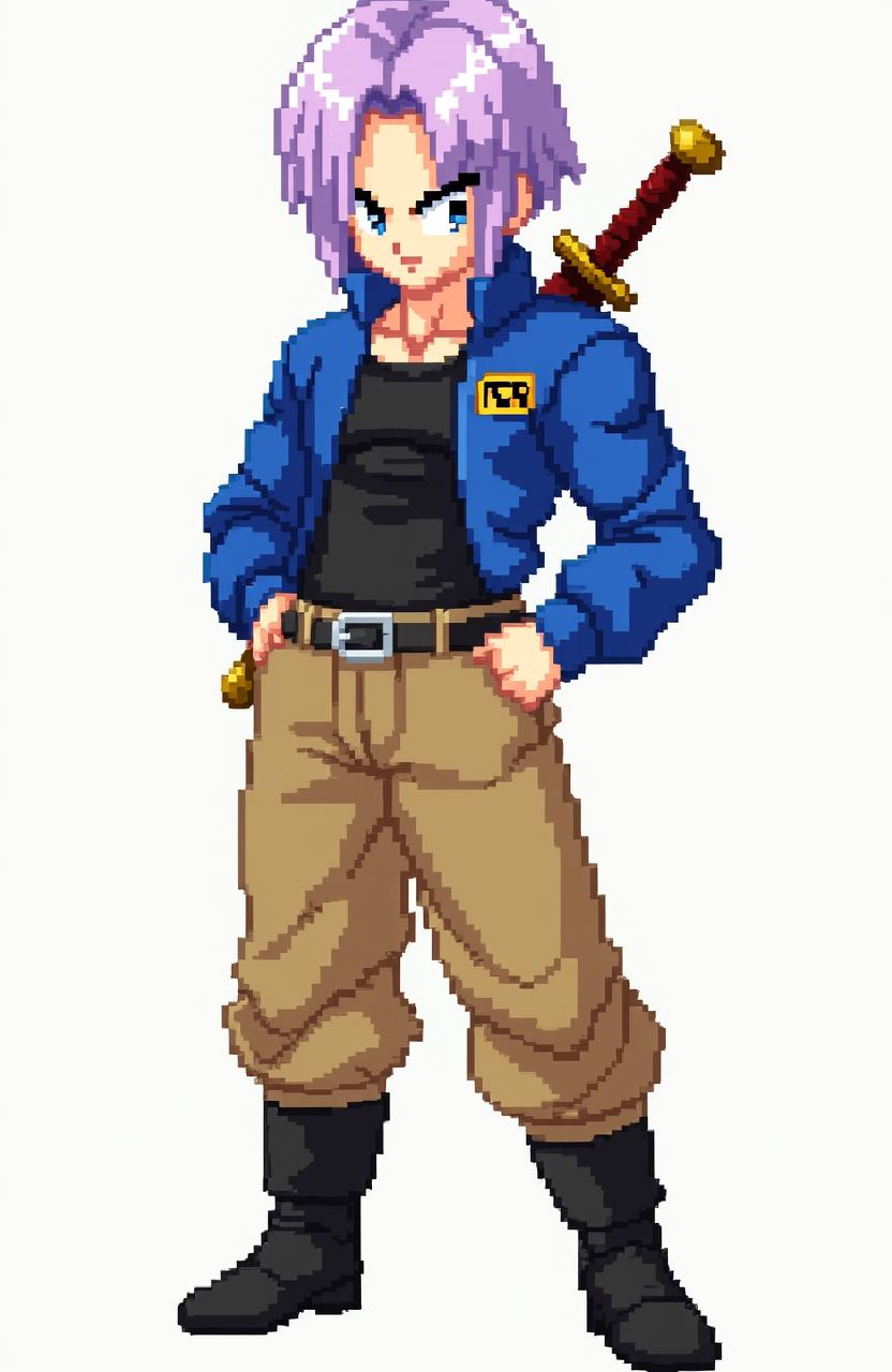 Pixel character sprite of Future Trunks in full body from Dragon Ball Z, capturing his signature lavender hair and determined expression