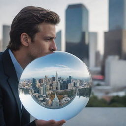 An individual gazing into a crystal ball that reflects a futuristic cityscape.