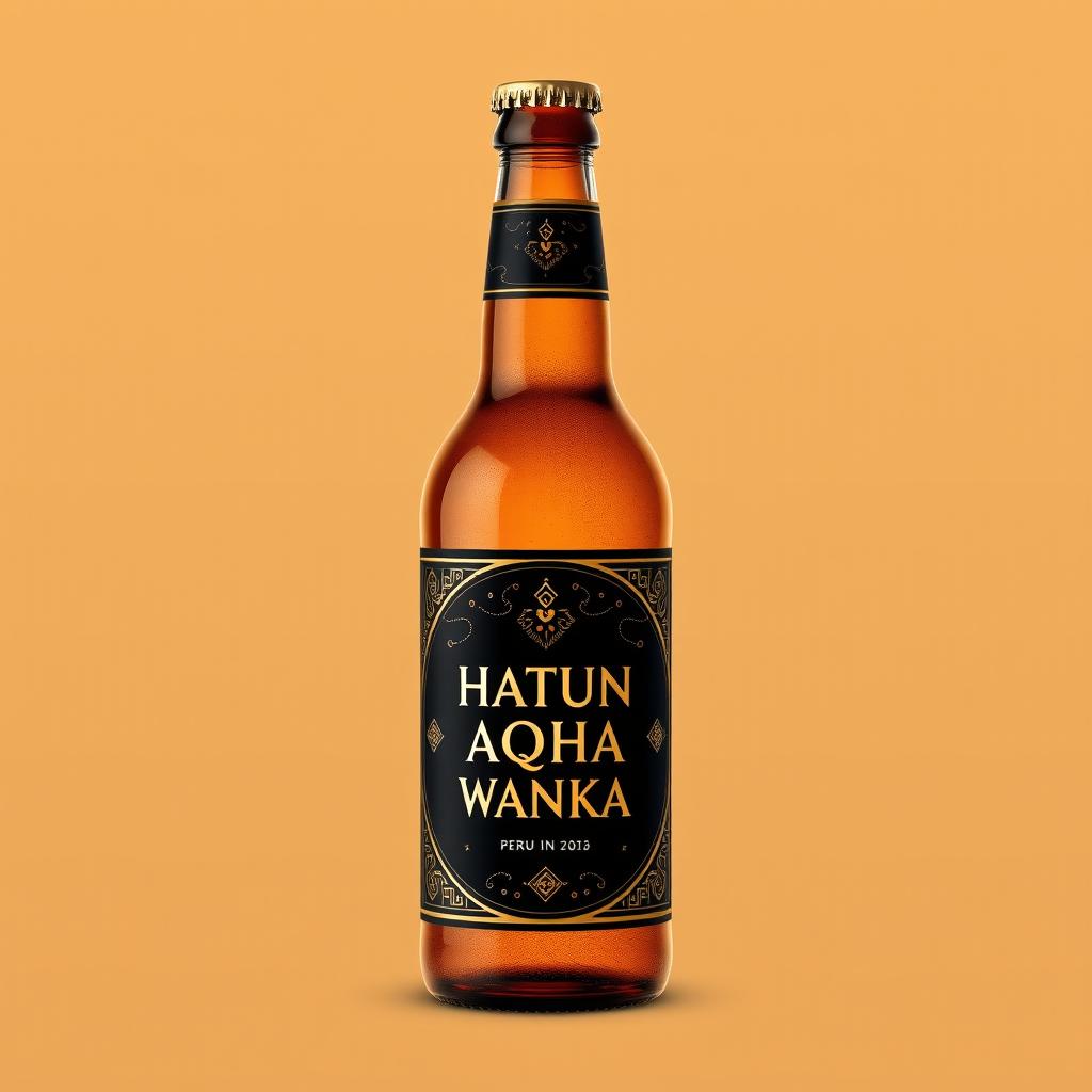 Design a beer bottle with the brand name "Hatun Aqha Wanka" featuring a black label