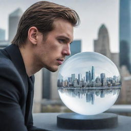 An individual gazing into a crystal ball that reflects a futuristic cityscape.