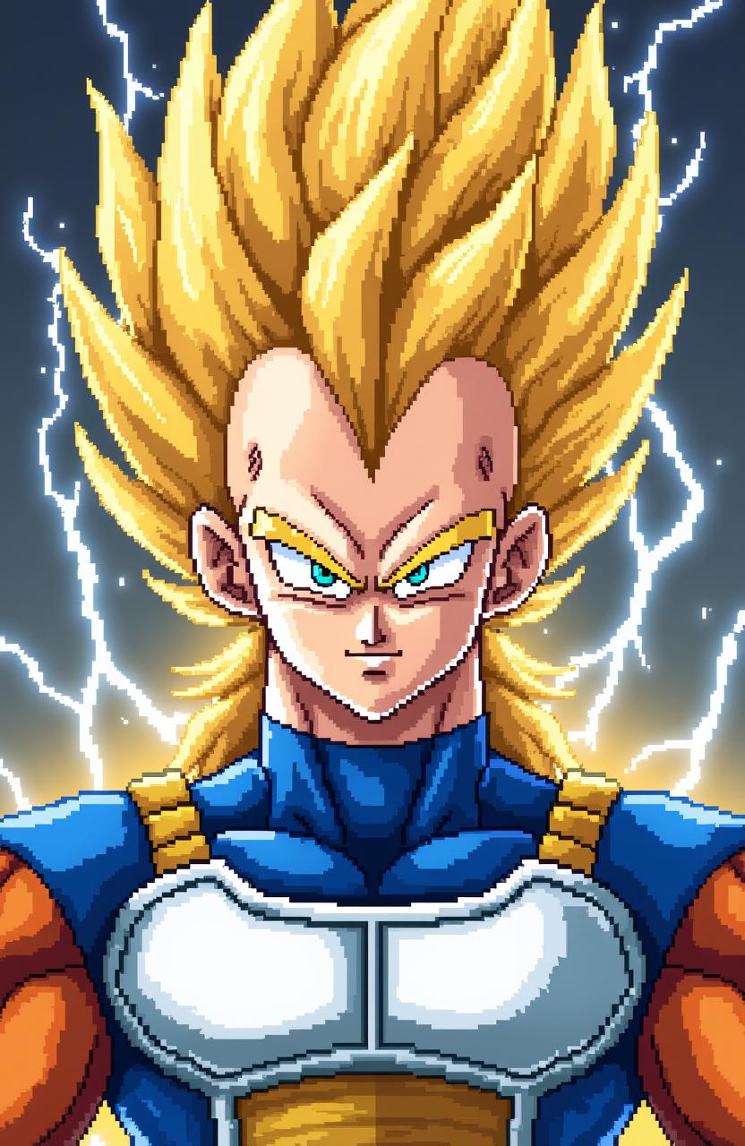 Pixel character sprite portrait of Vegeta in Super Saiyan 2 form from Dragon Ball Z, capturing his electrified golden hair, intense expression, and the blue and white Saiyan armor