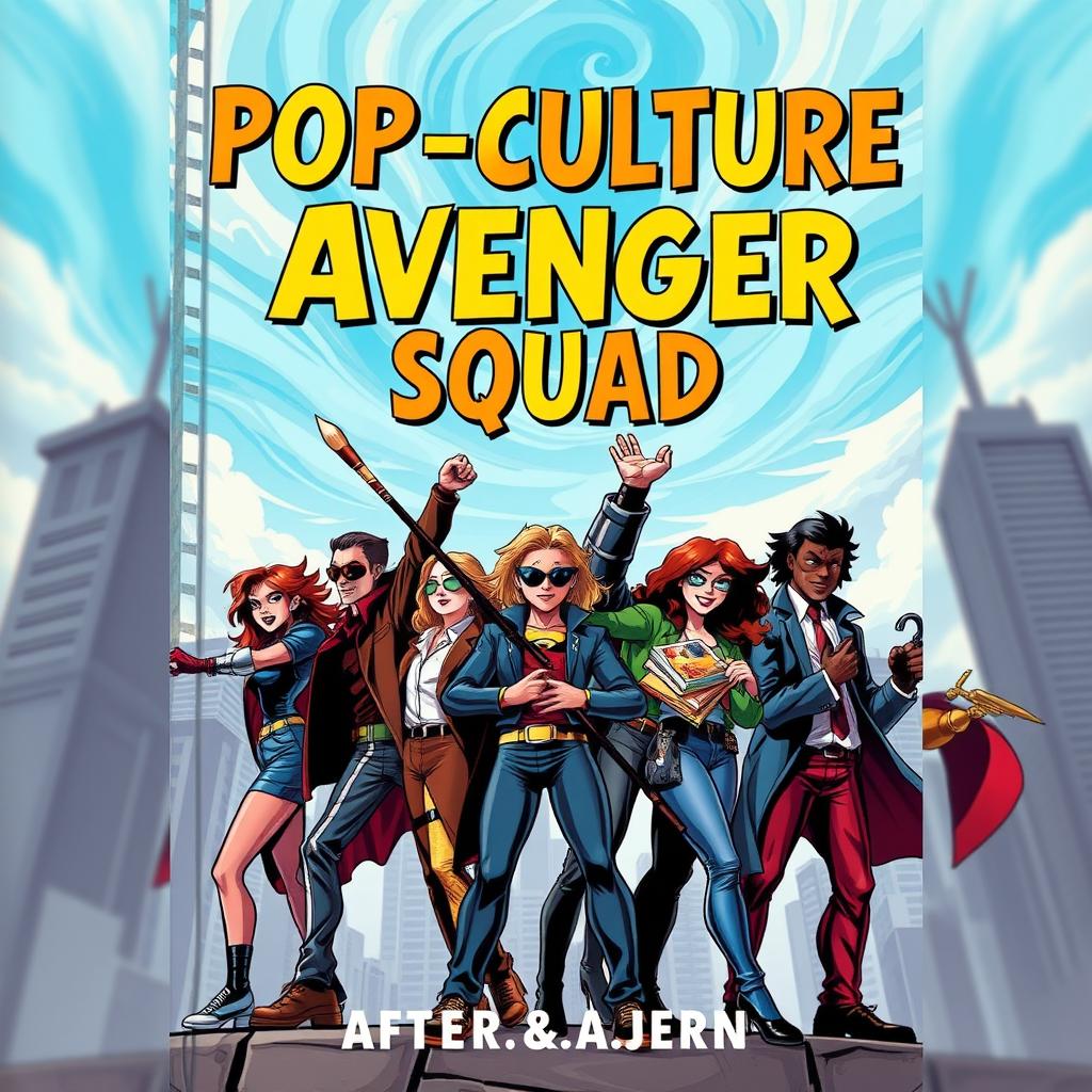 A dynamic book cover depicting a diverse group of comic book and film enthusiast heroes