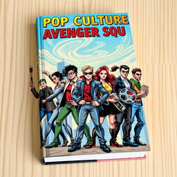 A dynamic book cover depicting a diverse group of comic book and film enthusiast heroes