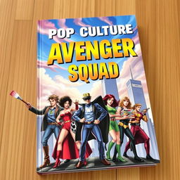 A dynamic book cover depicting a diverse group of comic book and film enthusiast heroes