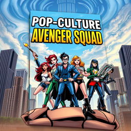 A dynamic book cover depicting a diverse group of comic book and film enthusiast heroes