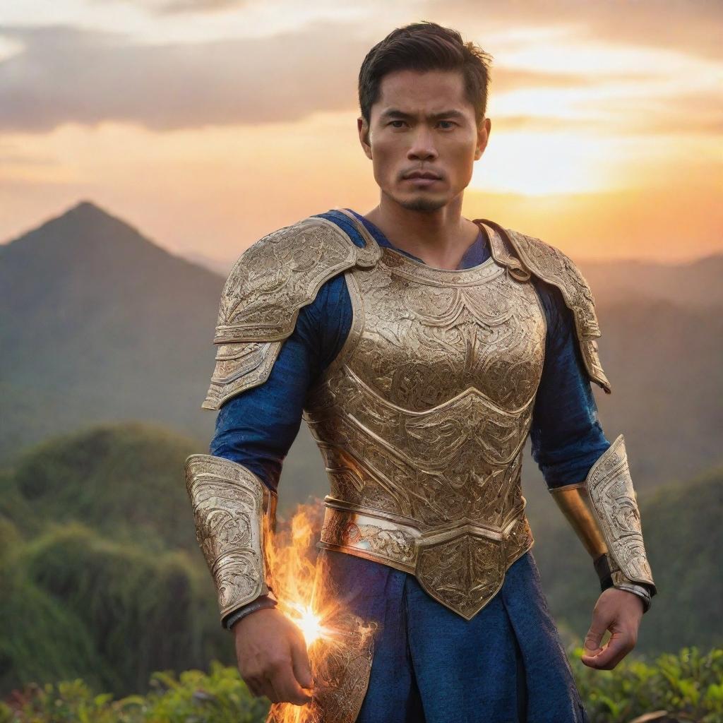 The modern, epic Philippine hero is now glowing with radiant, magical powers. His spectacular armor shines with an ethereal light. He is amidst a vibrant and mystical Filipino landscape at sunset.