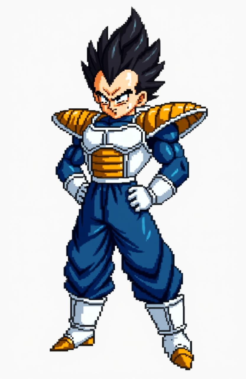 Pixel character sprite of Vegeta in full body from Dragon Ball Z, capturing his classic spiky black hair and wearing the iconic blue and white Saiyan armor with shoulder pads