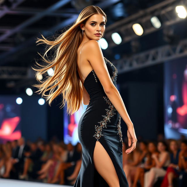 A professional fashion model with long flowing hair, posing elegantly on a runway