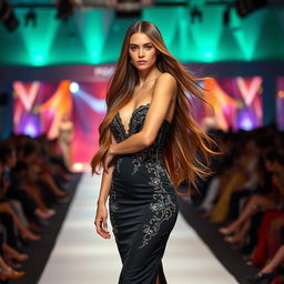 A professional fashion model with long flowing hair, posing elegantly on a runway