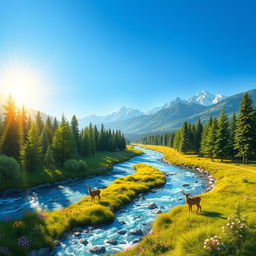 A whimsical landscape featuring a sparkling river meandering through lush, green forests under a clear blue sky