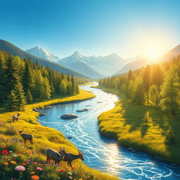 A whimsical landscape featuring a sparkling river meandering through lush, green forests under a clear blue sky