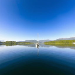 A picturesque view of a sailboat gliding across a calm lake under a clear blue sky