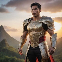 The modern, epic Philippine hero is now glowing with radiant, magical powers. His spectacular armor shines with an ethereal light. He is amidst a vibrant and mystical Filipino landscape at sunset.