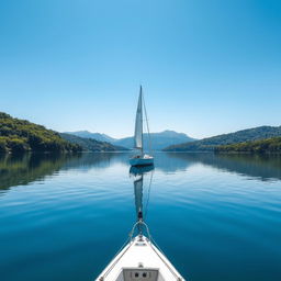 A picturesque view of a sailboat gliding across a calm lake under a clear blue sky