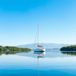 A picturesque view of a sailboat gliding across a calm lake under a clear blue sky