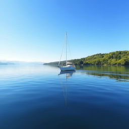 A picturesque view of a sailboat gliding across a calm lake under a clear blue sky