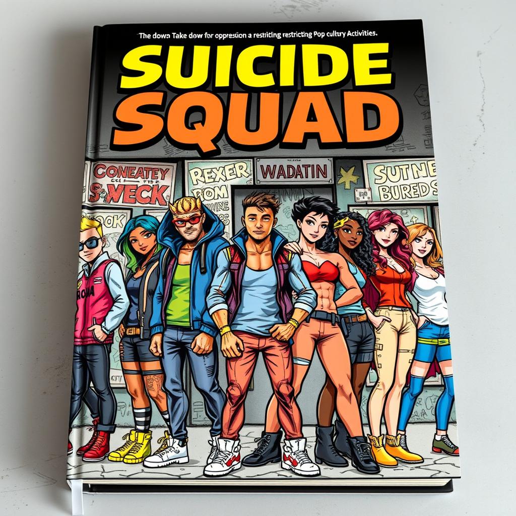 A dynamic and bold book cover featuring a diverse group of comic book enthusiasts, reminiscent of a 'suicide squad'