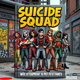 A dynamic and bold book cover featuring a diverse group of comic book enthusiasts, reminiscent of a 'suicide squad'