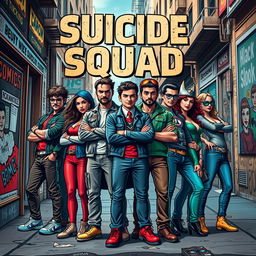 A dynamic and bold book cover featuring a diverse group of comic book enthusiasts, reminiscent of a 'suicide squad'
