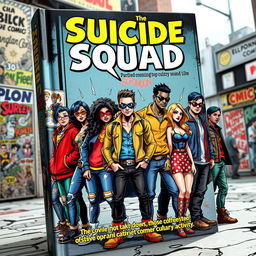 A dynamic and bold book cover featuring a diverse group of comic book enthusiasts, reminiscent of a 'suicide squad'