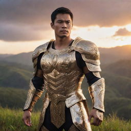 The modern, epic Philippine hero is now glowing with radiant, magical powers. His spectacular armor shines with an ethereal light. He is amidst a vibrant and mystical Filipino landscape at sunset.