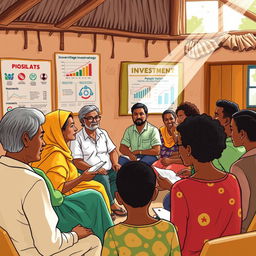 A vibrant illustration showing a community meeting in a small village where local experts discuss investment opportunities with people of various ages and backgrounds who have limited resources