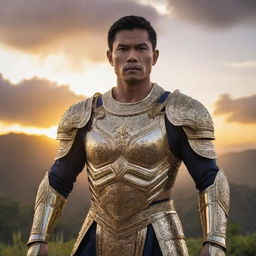 The modern, epic Philippine hero is now glowing with radiant, magical powers. His spectacular armor shines with an ethereal light. He is amidst a vibrant and mystical Filipino landscape at sunset.