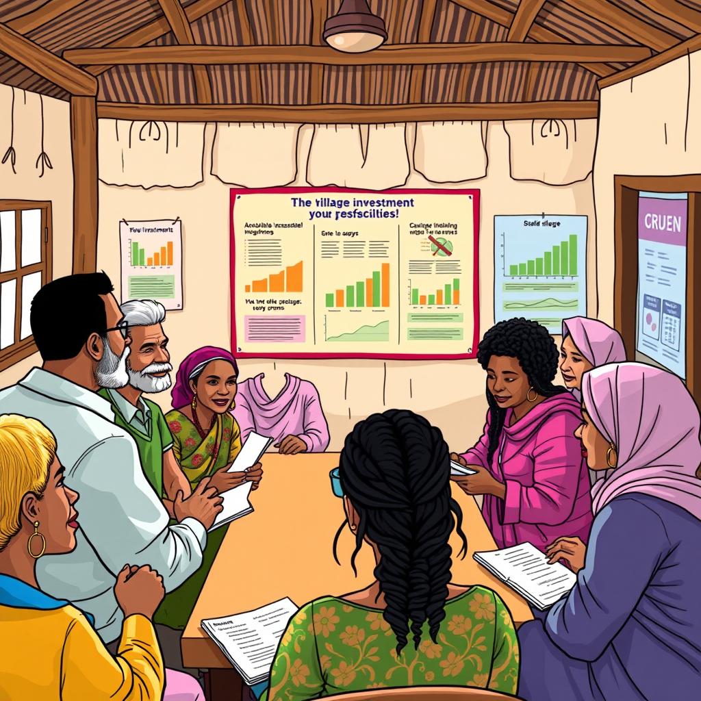 A vibrant illustration showing a community meeting in a small village where local experts discuss investment opportunities with people of various ages and backgrounds who have limited resources