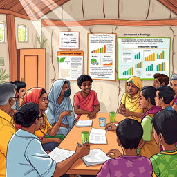 A vibrant illustration showing a community meeting in a small village where local experts discuss investment opportunities with people of various ages and backgrounds who have limited resources